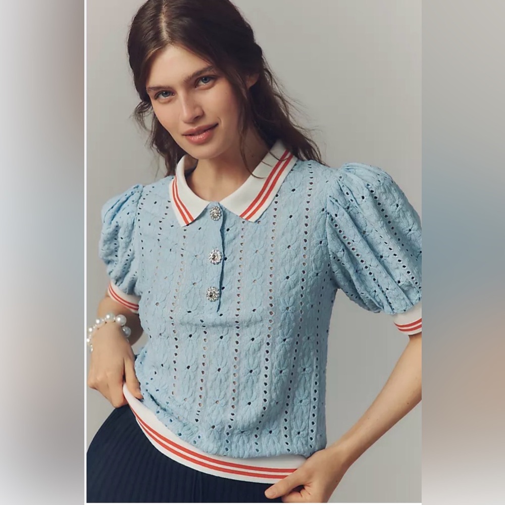 Anthropologie Light Blue Eyelet Knit Polo Top with Red-Trim Collar